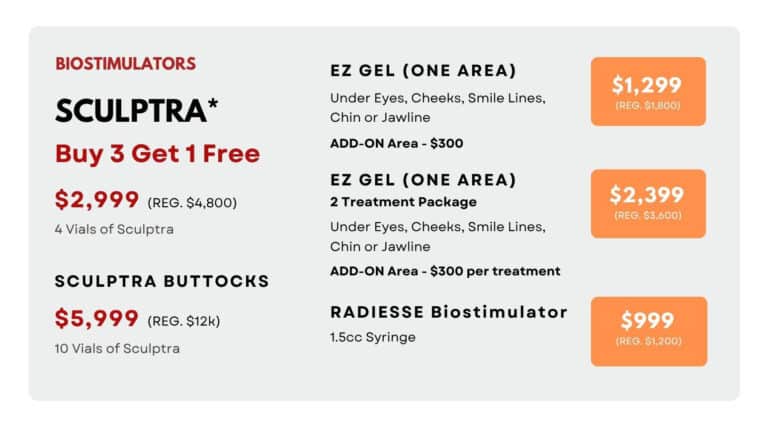End of July 2025 Specials Sculptra &amp; EZ Gel