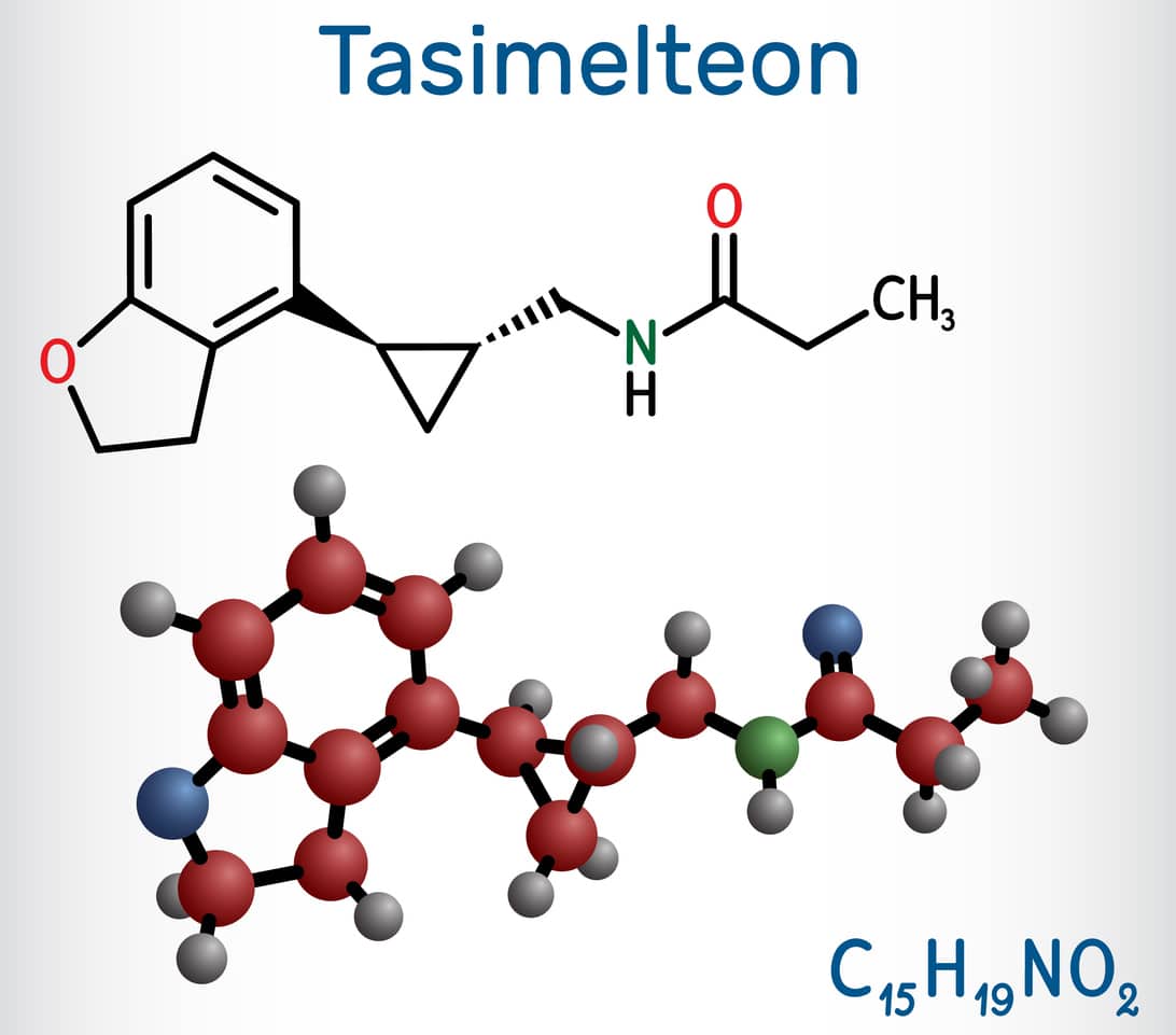 Tasimelteon molecule. It is sleep disorder medication. Structural chemical formula and molecule model. Vector illustration
